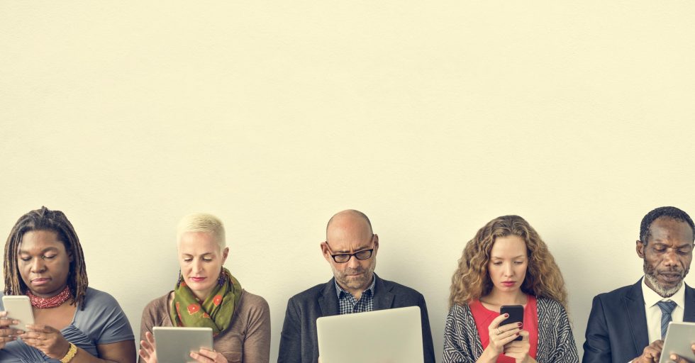 Diverse Group of People Community Togetherness Technology Sittin Diverse Group of People Community Togetherness Technology Sitting Concept
